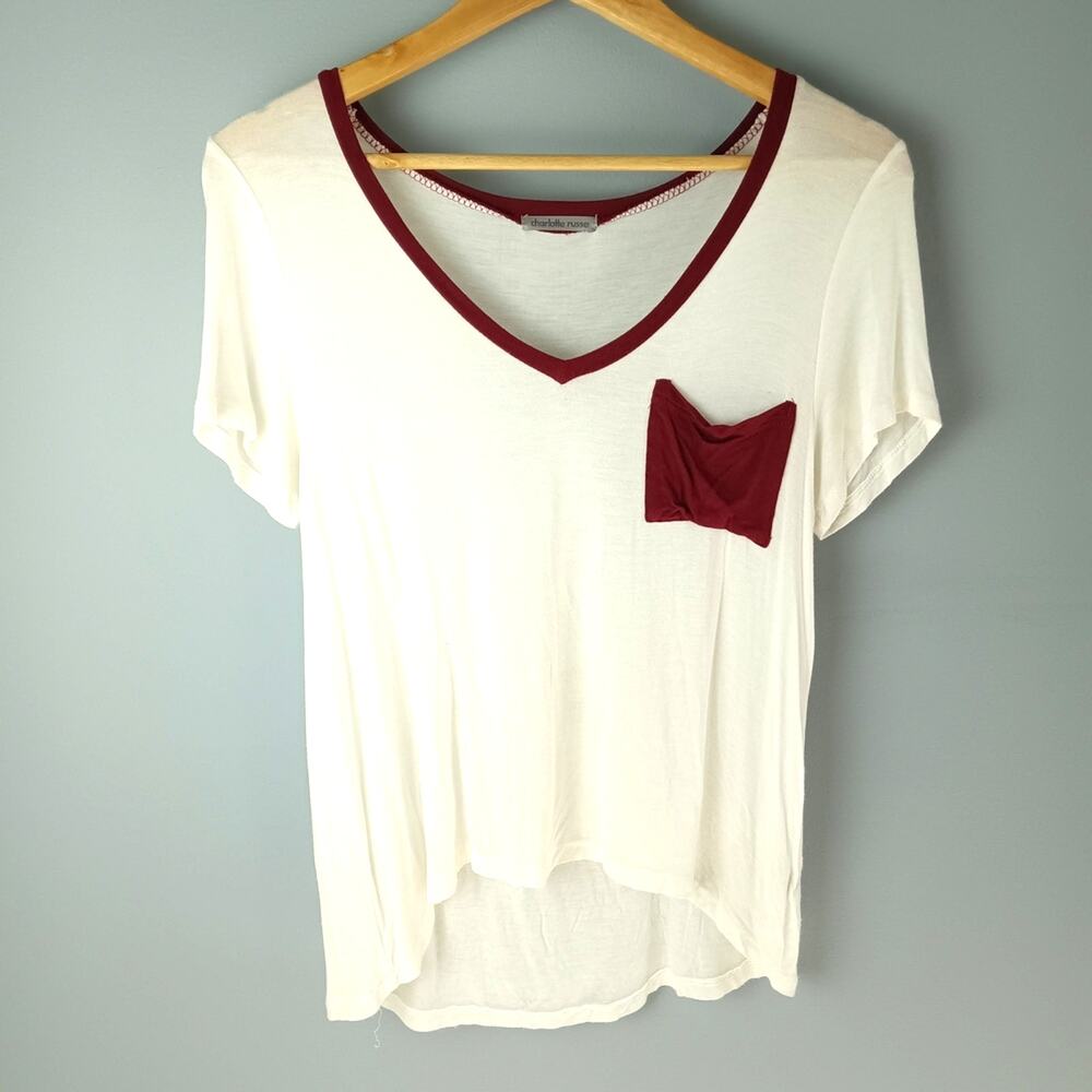 Charlotte Russe Cream V-Neck Tee with Dark Red Accents